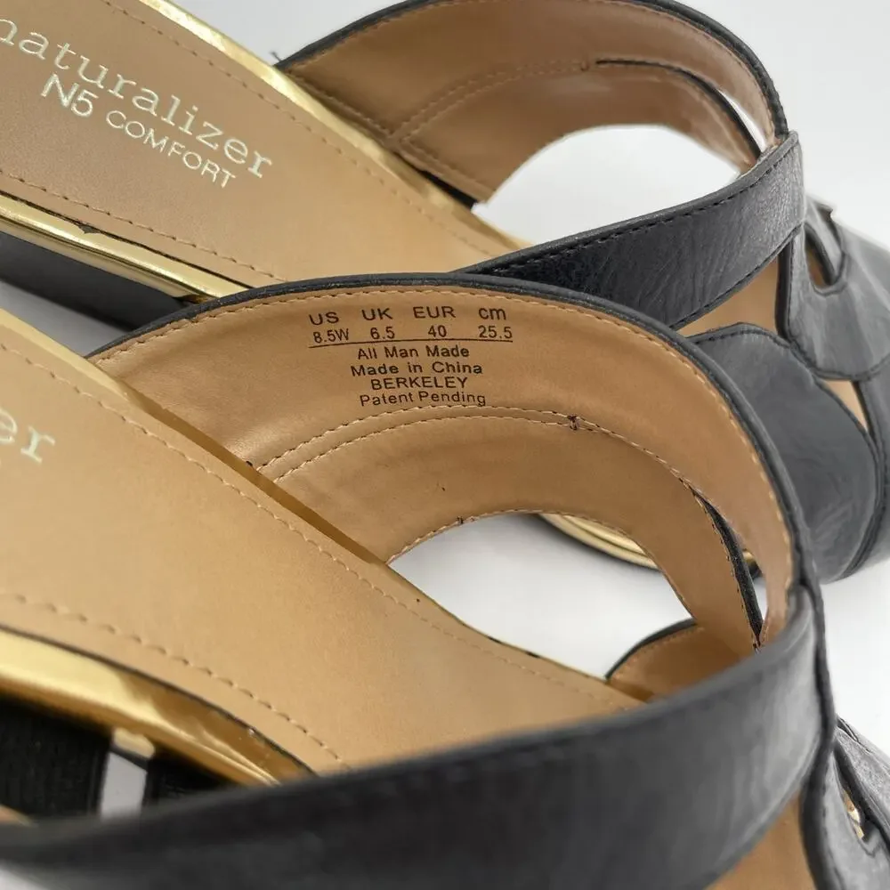 Naturalizer Comfort Women’s 8.5W Berkeley Slip on Sandals Black Gold Trim Fairy